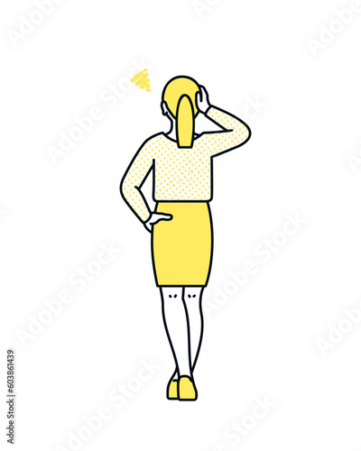 問題を抱える女性の後ろ姿。不測の事態に困惑するキャリアウーマンのイラスト素材。