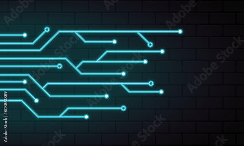 Glowing blue neon circuit board lines. Abstract technology neon circuit board. Digital circuit board elements. Modern tech design. Vector illustration