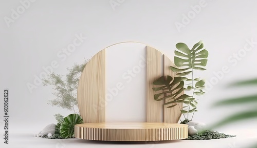 Fototapeta Naklejka Na Ścianę i Meble -  Cosmetic display product stand, Wood round cylinder podium with green leaf background , ai generative