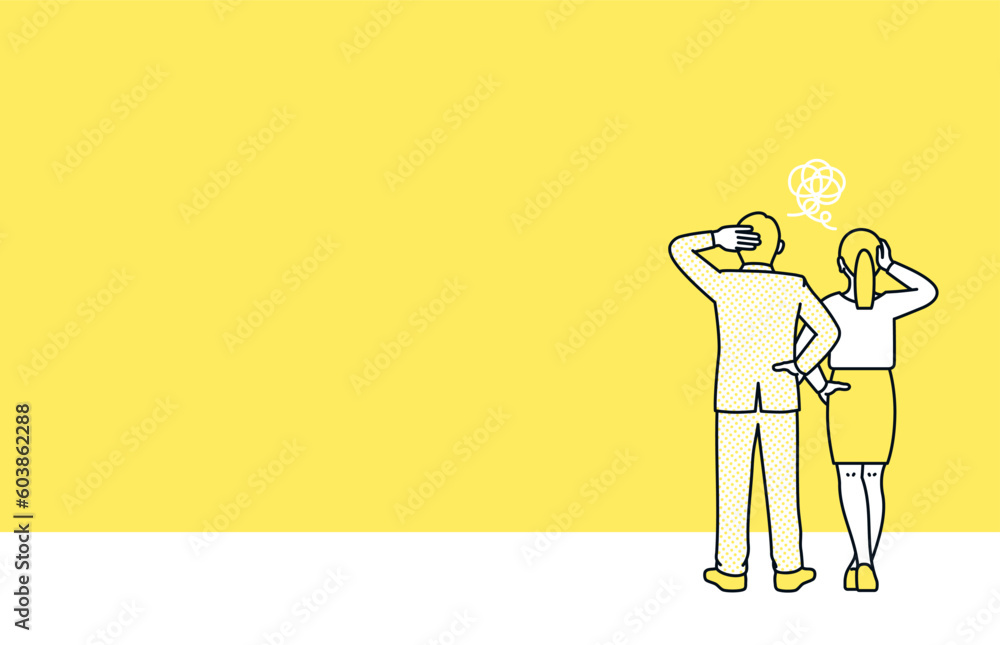 問題を前に頭を抱える男女。課題を解決すべく立ち上がるビジネスパーソンのイラスト素材。 問題を前に頭を抱える男女。課題を解決すべく立ち上がるビジネスパーソンのイラスト素材。