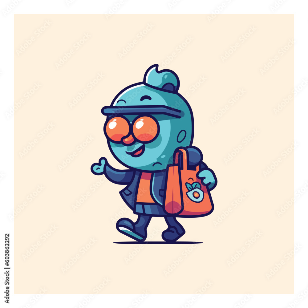 Character cartoon mascot logo for online trading company with the mascot in the form of a character holding a shopping bag or laptop. Character cartoon mascot logo for online trading company with the mascot in the form of a character holding a shopping bag or laptop.