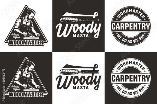 Set of bearded carpenter and chisel for logo of carpentry or wood carving. Woodworker with jointer in his hands for design of workshop or woodworking