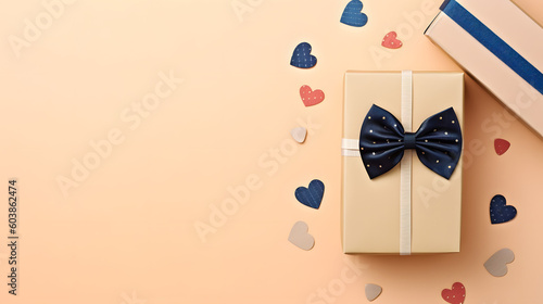 Modern creative Father's Day design. Flat lay top view of gift box with ribbon, tie, hearts on beige background with space for text or promotion