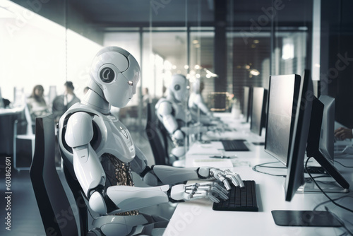 White robots work in a modern office  replacing people.