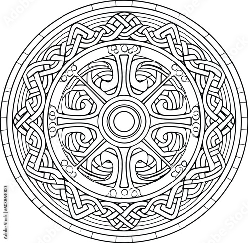 A black and white drawing of a circular pattern with the word Celtic on it.