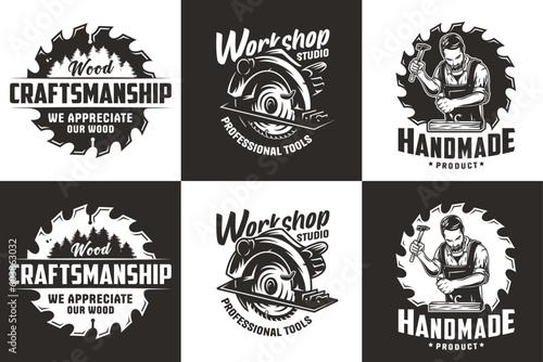 Set of bearded carpenter and saw for logo of carpentry or wood carving. Woodworker with chisel in his hands for design of workshop or woodworking