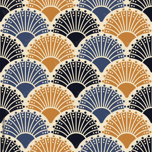 Antique Ornate Blue Gold Fan Scale Seamless Vector Repeat Pattern