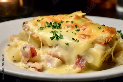 Served portion of tartiflette french food speciality with potatoes and cheese. Generative AI