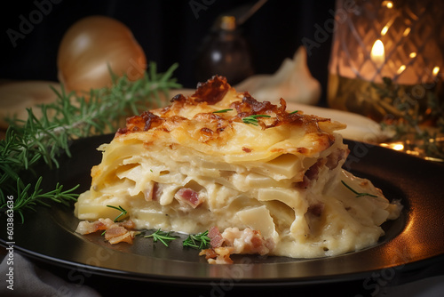 Portion of tartiflette french food speciality with potatoes and cheese. Generative AI