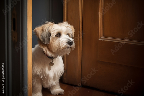 Small white dog waiting for his master. Generative AI