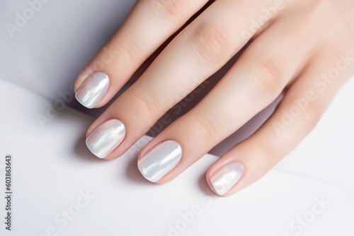 Woman hand closeup with beautiful nacre manicure with shimmer. Generative AI
