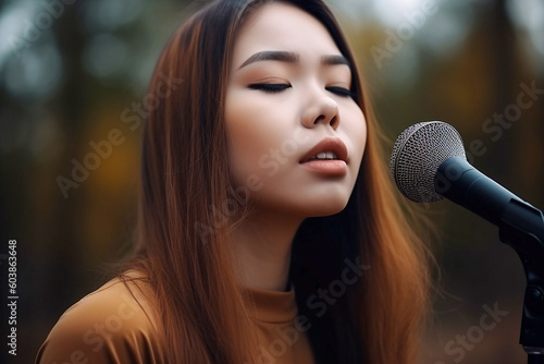 Pretty young asian woman singing, closeup. Generative AI
