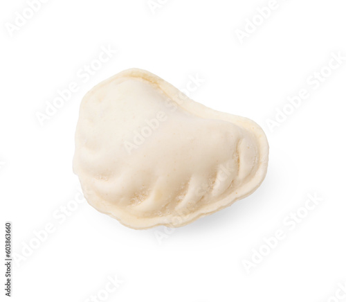 Raw dumpling (varenyk) with tasty filling on white background