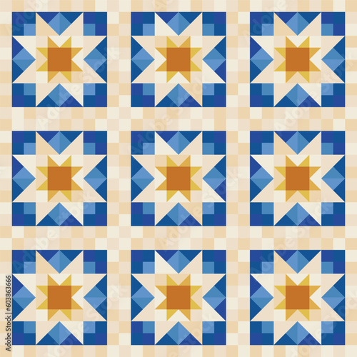 Blue Gold Star Quilt Seamless Vector Repeat Pattern