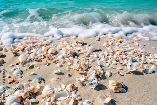 Small seashells on a seashore. Generative AI