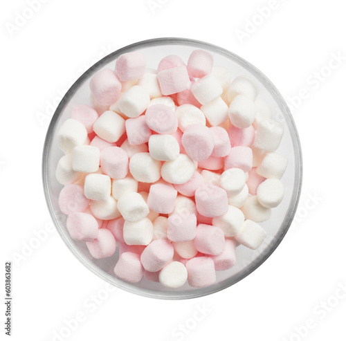 Glass bowl with delicious sweet marshmallow isolated on white, top view