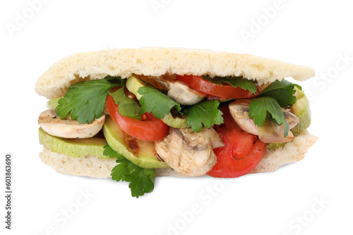 Delicious pita sandwich with grilled vegetables and parsley isolated on white