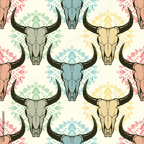 Colorful Cow Skull Seamless Vector Repeat Pattern