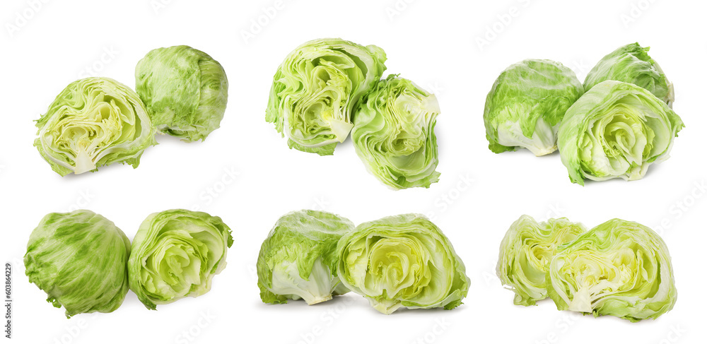 Collage with fresh lettuce heads on white background Collage with fresh lettuce heads on white background