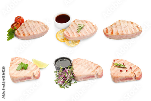 Set of delicious grilled tuna steaks on white background