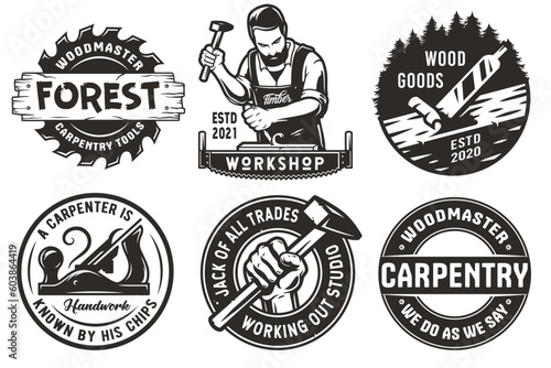 Wooden set of emblems or logos for carpentry or wood carving or sawing. Woody collection of designs for woodworker, carpenter, joiner, timber, lumberjack for workshop, woodworking, sawmill, woodwork