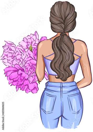 Graphic drawing of a girl in vector format dressed in jeans and a nice top, holding a bouquet of pink peonies in her hands
