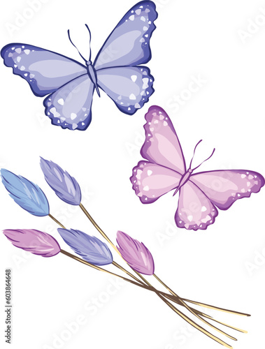 Graphic drawing of butterflies of different colors in vector format in summer style