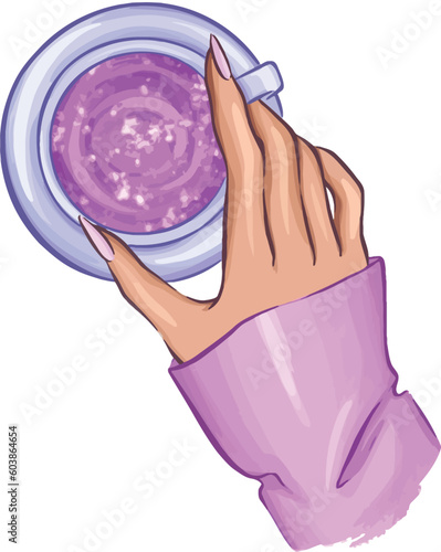 Graphic drawing of a female hand in vector format in summer style holding a cup