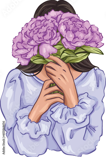 Graphic vector drawing of a dark-haired girl wearing a blue blouse, holding a bouquet of pink peonies