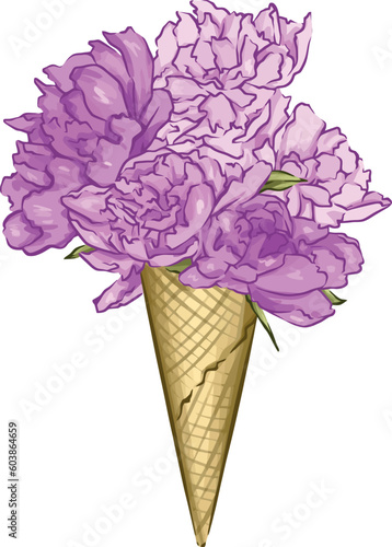 Graphic drawing bouquets of pink peonies in vector format in a waffle cone