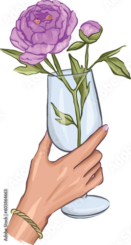Graphic drawing of a female hand in vector format holding a glass with a pink peony flower