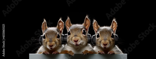 Squirrels Wearing, Airpods, Wireless Headphones,  Tech-Savvy Squirrels. Captivating Close-Up of Bluetooth Rodents Rocking Airpods on a Mysterious Dark Canvas.  Generative AI photo