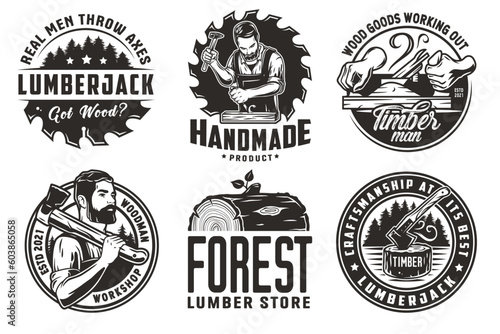 Set of logos for carpentry or wood carving or sawing. Collection of designs for woodworker, carpenter, joiner, timber, lumberjack and craftsman for workshop, woodworking, sawmill and woodwork