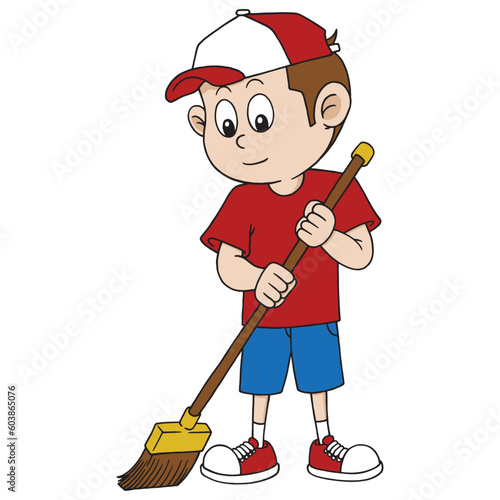 cartoon illustration of boy sweeping the floor with a broom