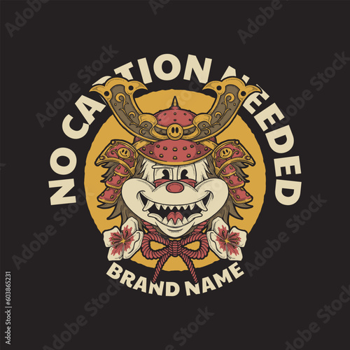 retro cartoon mascot of cute samurai head