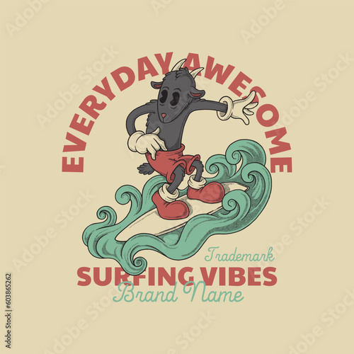 retro cartoon mascot of surfing sheep