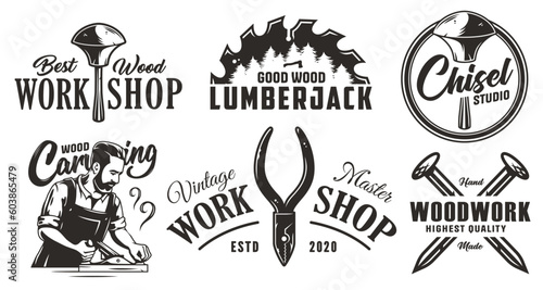 Wooden set of emblems or logos for carpentry or wood carving or sawing. Woody collection of designs for woodworker, carpenter, joiner, timber, lumberjack for workshop, woodworking, sawmill, woodwork