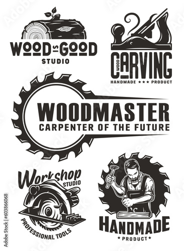 Set of logos for carpentry or wood carving or sawing. Collection of designs for woodworker, carpenter, joiner, timber, lumberjack and craftsman for workshop, woodworking, sawmill and woodwork