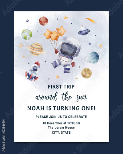 Brithday invitation card with space theme background template for baby girl and baby boy © Yuni