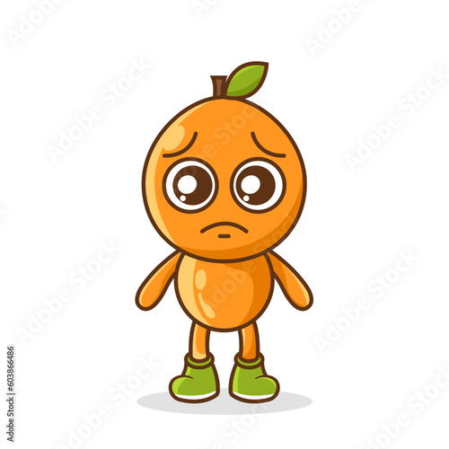 Cute sad orange fruit character, Orange character with sad emotion, face, depressive eyes