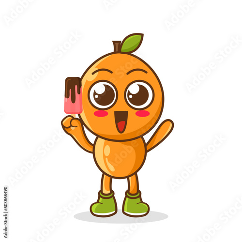 Cute smiling cartoon style orange fruit character holding in hand ice cream, popsicle.