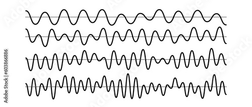 Sinusoid signals set. Black curve sound waves with different frequency and amplitude. Voice or music audio concept. Pulsating lines. Electronic radio graphics collection. Vector templates bundle