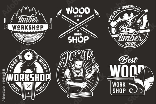Wooden set of emblems or logos for carpentry or wood carving or sawing. Woody collection of designs for woodworker, carpenter, joiner, timber, lumberjack for workshop, woodworking, sawmill, woodwork