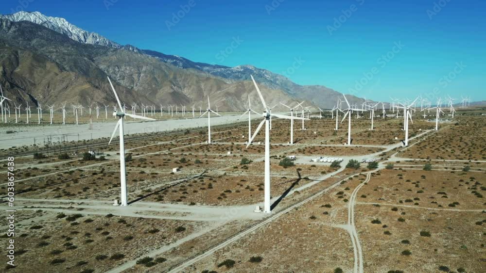 Wind Turbines in the Whitewater Pass near Palm Springs, California, Making Electricity with the wind as seen from a UAV Drone Aerial Viewpoint