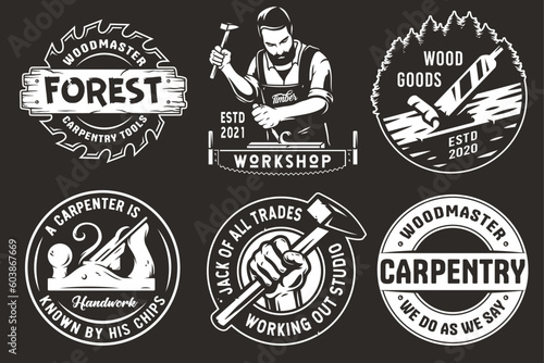 Set of logos for carpentry or wood carving or sawing. Collection of designs for woodworker, carpenter, joiner, timber, lumberjack and craftsman for workshop, woodworking, sawmill and woodwork