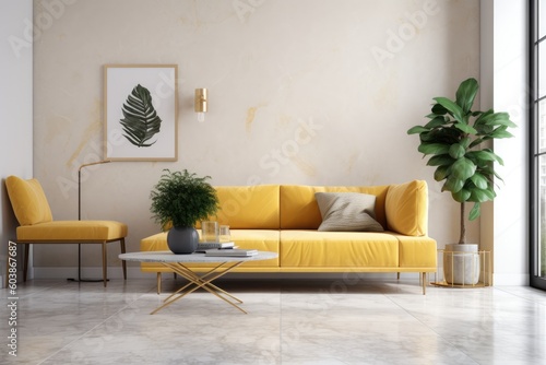 Modern minimalist living room with a yellow sofa against a white wall and granite tile flooring. Generative AI