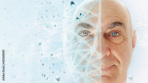  Face with grid de identification. Interactive connection to a computer network.
