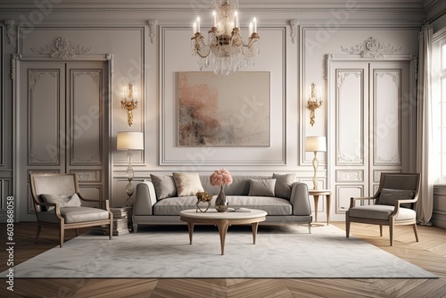 Neoclassical living room interior illustration. in front. Generative AI photo