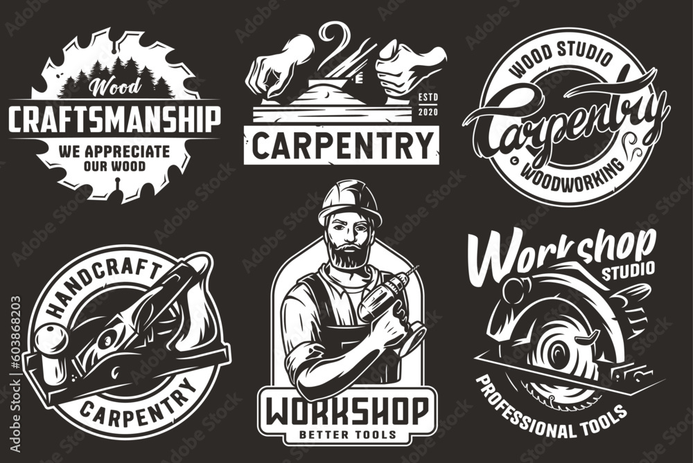 Fototapeta premium Set of logos for carpentry or wood carving or sawing. Collection of designs for woodworker, carpenter, joiner, timber, lumberjack and craftsman for workshop, woodworking, sawmill and woodwork