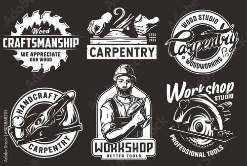 Set of logos for carpentry or wood carving or sawing. Collection of designs for woodworker, carpenter, joiner, timber, lumberjack and craftsman for workshop, woodworking, sawmill and woodwork